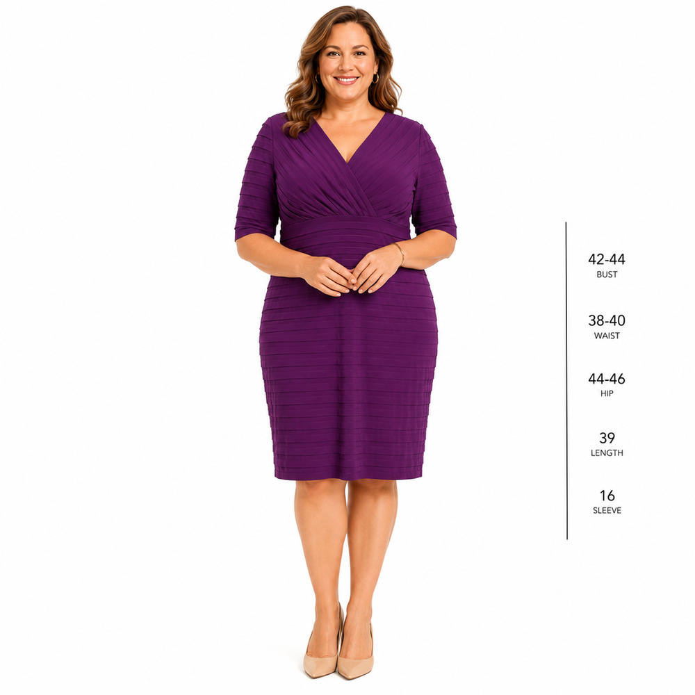 Adrianna Papell Plum Tiered Stretch Knit V-Neck Knee Length Sheath Dress sz 16
